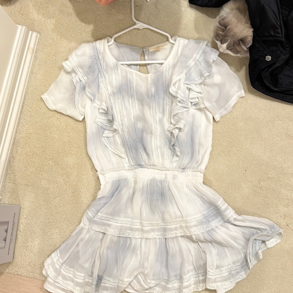 Love shack fancy new Natasha white w blue subtle tie die lace trim ruffle